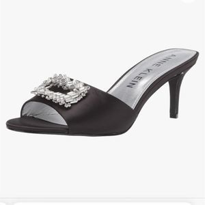Anne Klein Black Satin Open-Toe Heels with Silver Crystal Accent